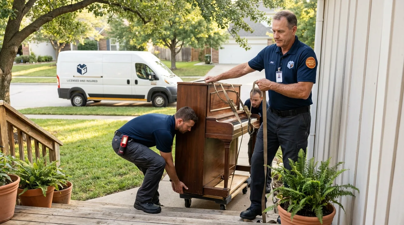 Licensed piano movers securing grand piano in Austell, GA